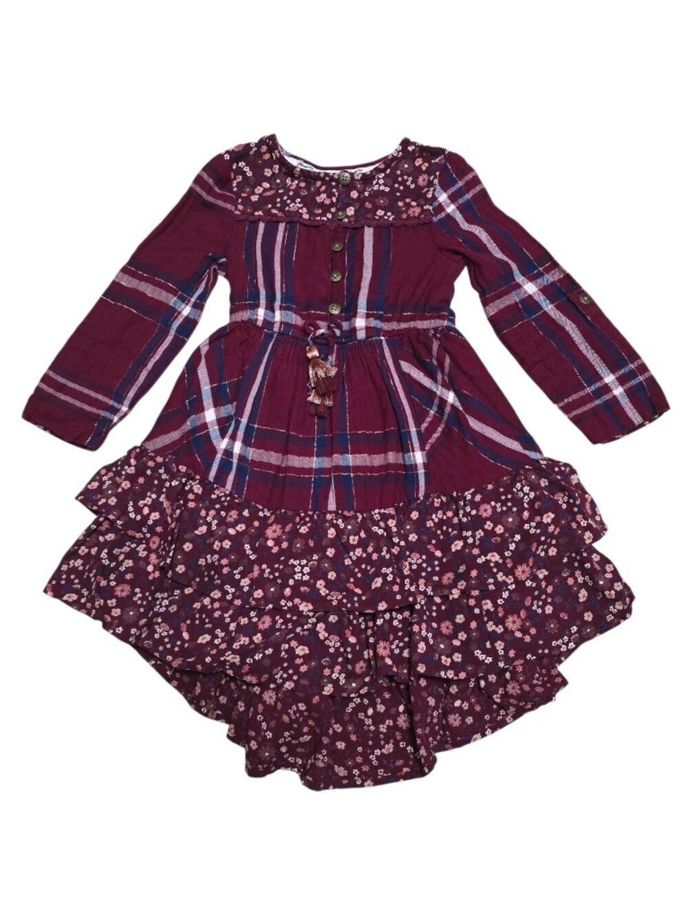 Mantaray Girls Maroon Floral Plaid Boho Ruffle Hem Cottage Peasant Dress Size 4